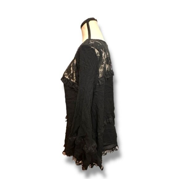 Women’s L Easel Black Lace Mesh Tiered Bell Sleeve Top - Picture 3 of 8